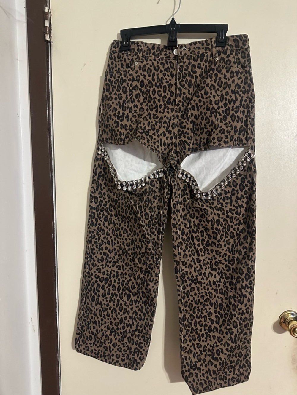 Leopard Print Jeweled Cut-Out Jeans